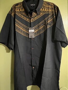 Tanoa Black Button-Down Shirt with Gold Tribal Print